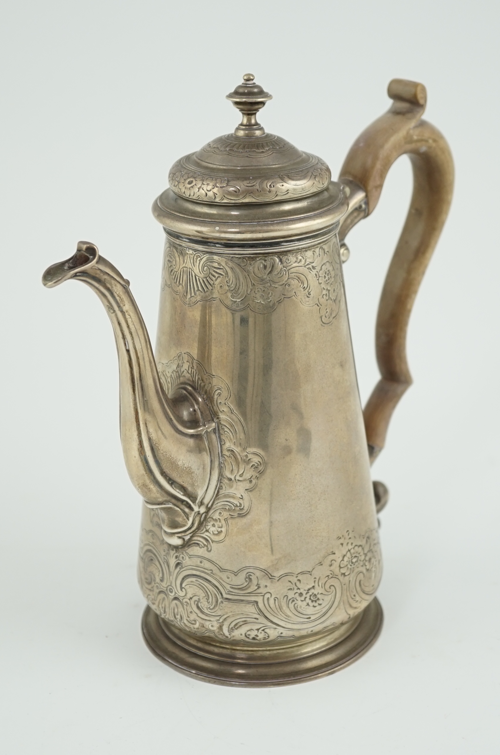 A George II silver coffee pot with later engraved decoration, Robert Tyrrill